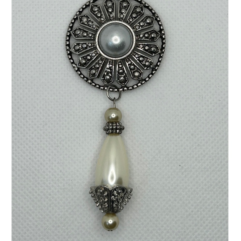 Vintage Silver Tone Faux Pearl Drop Pendant Necklace Art Deco‎ Statement
